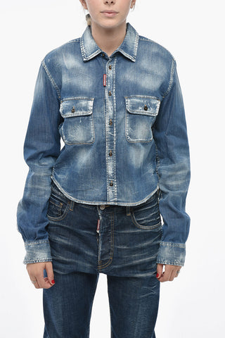 Stretch-Denim-Bluse mit doppelter Brusttasche