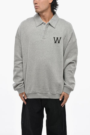 Brushed Cotton Sweatshirt with Studs and Polo Collar