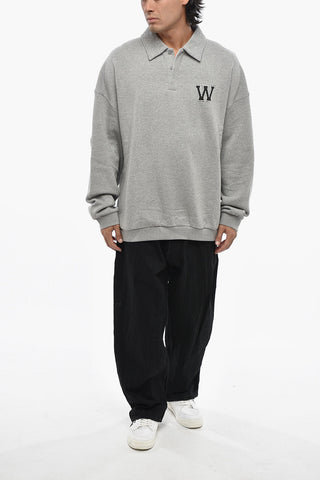 Brushed Cotton Sweatshirt with Studs and Polo Collar