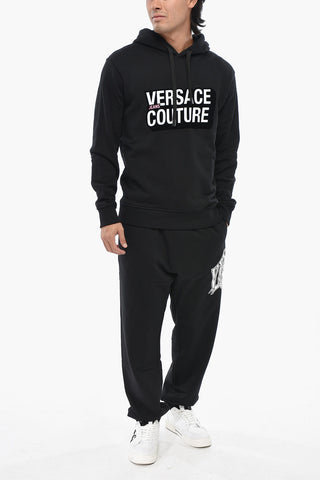 JEANS COUTURE Felpa Hoodie in Cotone Garzato con Dettaglio Floccato