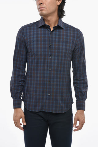 Camicia in Nylon Stretch a Quadri con Collo Francese