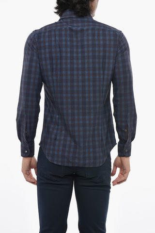 Camicia in Nylon Stretch a Quadri con Collo Francese