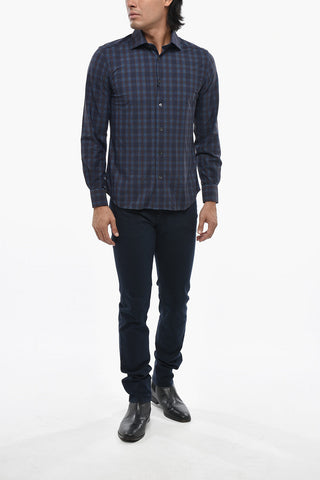 Camicia in Nylon Stretch a Quadri con Collo Francese