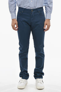 Pantaloni 5 Tasche in Cotone Stretch con Patch in Pelle