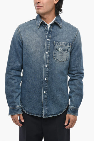 Camicia In Denim Stone Wash Con Taschino e Logo In Rilievo