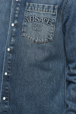 Camicia In Denim Stone Wash Con Taschino e Logo In Rilievo