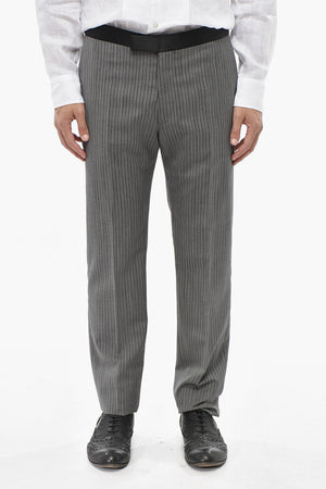 ADANI Pinstriped Virgin Wool Trousers With Satin Band