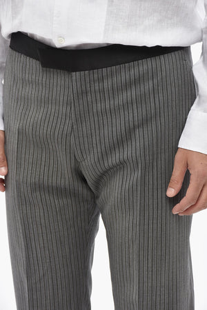 ADANI Pinstriped Virgin Wool Trousers With Satin Band