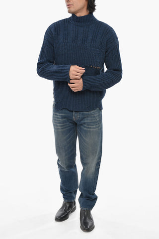 Rollkragenpullover aus reiner Wolle mit Vintage-Effekt, Brusttasche und gesticktem Logo