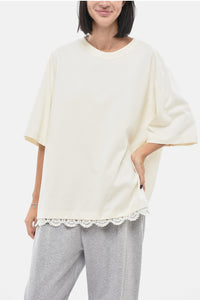 Oversized Cotton Crewneck T-Shirt with Crochet Hem Detail