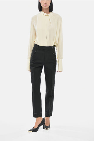 MM0 Pantaloni in Cotone Herringbone a Gamba Dritta e Vita Alta 
