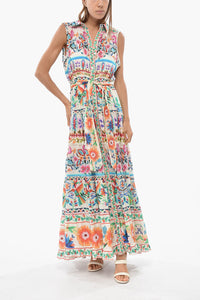 Sleeveless Maxi Shirt Dress with Floral Pattern and Tie Neck