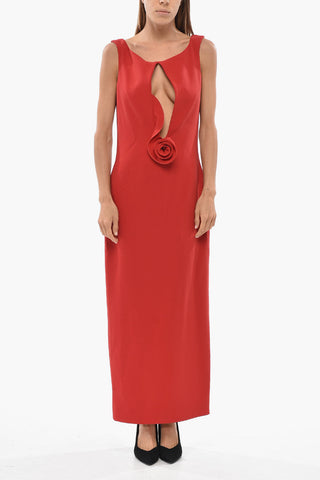 Vestito Midi in Lana con  Applicazione Fiore e Scollo Profondo