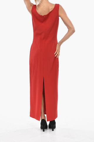 Vestito Midi in Lana con  Applicazione Fiore e Scollo Profondo