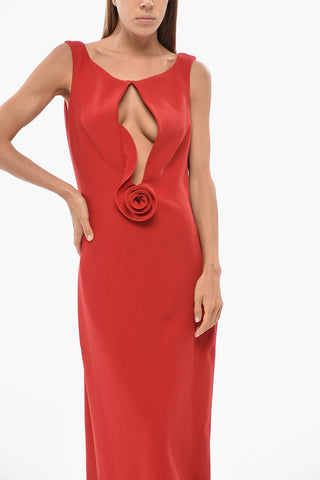Vestito Midi in Lana con  Applicazione Fiore e Scollo Profondo