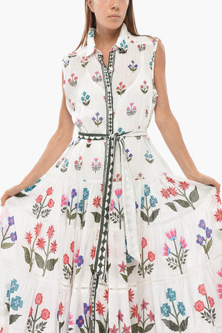 Maxi Chemisier Smanicato a Motivo Floreale Tie Neck