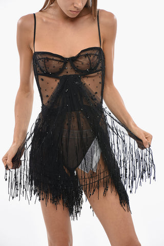 Vestito Semitrasparente Impreziosito da Strass e Perline