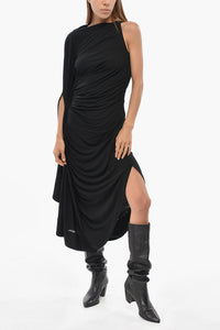 Fitted One-Shoulder Dress With Maxi Draping And Side Slit