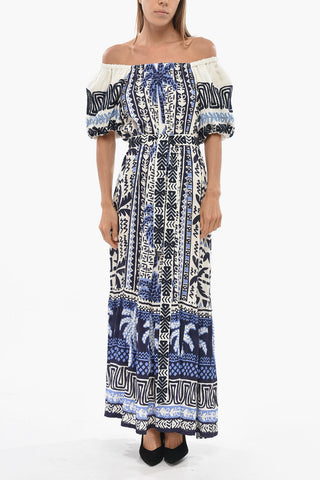 Maxikleid mit ausgestelltem Schnitt, U-Boot-Ausschnitt und Reliefstickereien