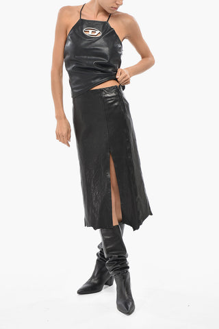 Leather Crop Top L-LUVIA With Metal Monogram Cut-Out