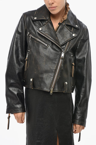 Vintage-Effect Leather Biker Jacket L-EDMEA-CL