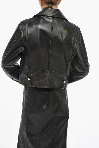 Vintage-Effect Leather Biker Jacket L-EDMEA-CL