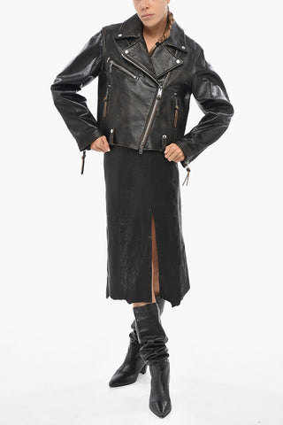 Vintage-Effect Leather Biker Jacket L-EDMEA-CL