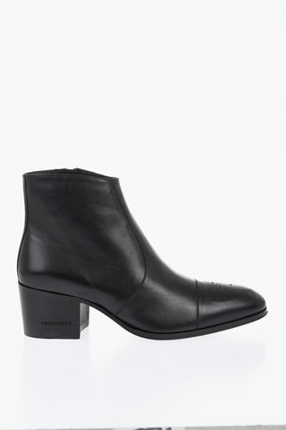 Leather Ankle Boots Solid-Color with Side Zip Heel 6.5cm