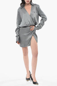 Mini Vestito a Portafoglio in Satin con Scollo a V