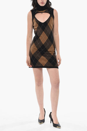 Argyle-Pattern Knit Mini Dress M-ROMKO with Cut-Out Detail