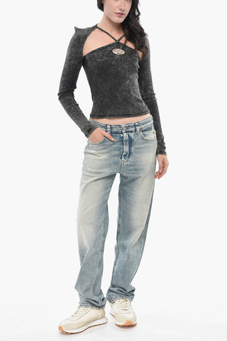 Top Crop T-MARINEL a Maniche Lunghe con Finitura Stone-Washed e Spalline Incrociate sul Davanti