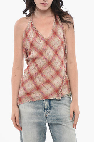 Neckholder-Top T-ARK mit Karo-Muster, rohen Kanten und asymmetrischem Design