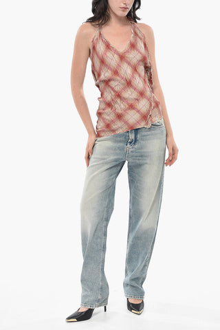 Neckholder-Top T-ARK mit Karo-Muster, rohen Kanten und asymmetrischem Design