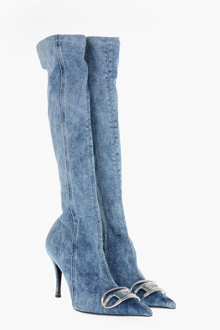 Stivali D-VENUS KB in Denim con Placca Logo Argentata Tacco 9cm