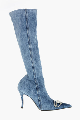 Stivali D-VENUS KB in Denim con Placca Logo Argentata Tacco 9cm