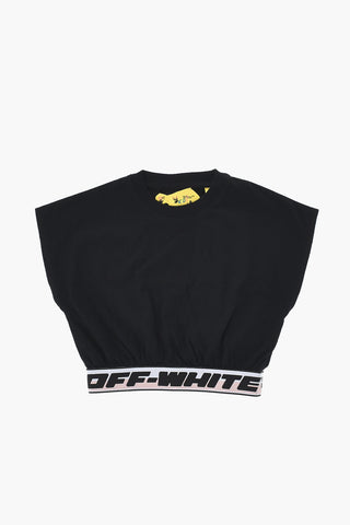 Crop Cotton Crewneck T-Shirt With Logo Band