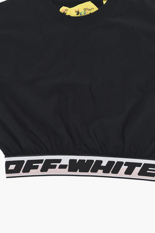 Crop Cotton Crewneck T-Shirt With Logo Band