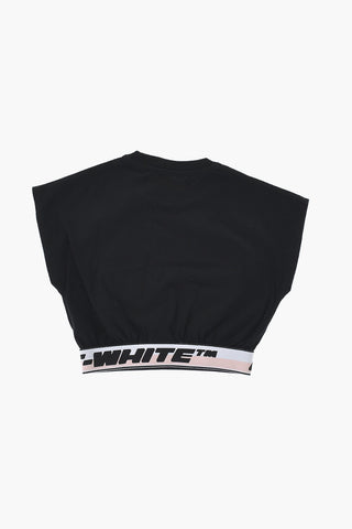 Crop Cotton Crewneck T-Shirt With Logo Band