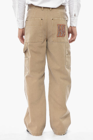 Cotton-Blend Straight-Leg Trousers with Patch Embellished with Rhinestones