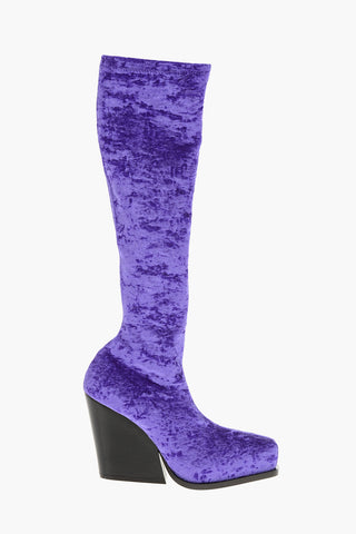 Knielange Cowboy-Stiefel aus Velours mit quadratischer Spitze und strukturiertem 10.5cm Absatz