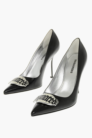 Leather Pumps with Enameled Metal Detail, 10.5cm Heel