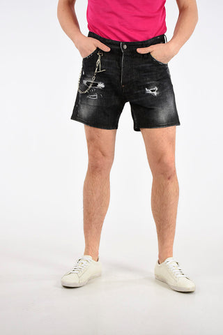 Stretch Denim Bermuda with Distressed Effect
