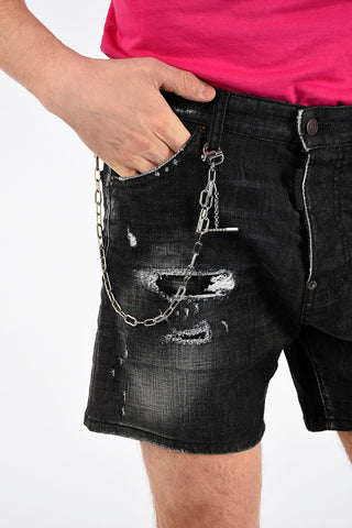 Stretch Denim Bermuda with Distressed Effect