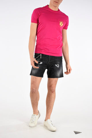 Stretch Denim Bermuda with Distressed Effect