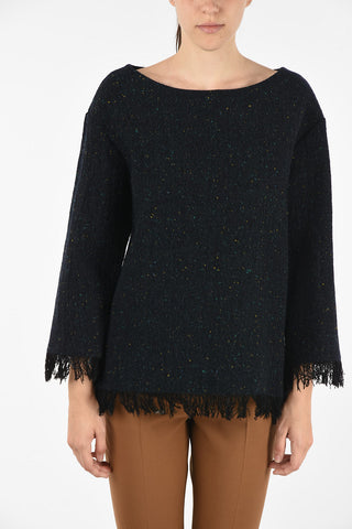 bateau neckline fringed sweater