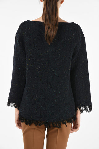 bateau neckline fringed sweater