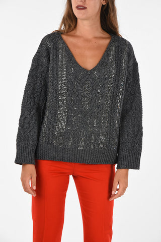 cable knit v-neck sweater with jewel details