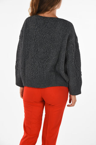 cable knit v-neck sweater with jewel details