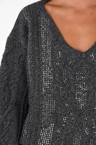 cable knit v-neck sweater with jewel details