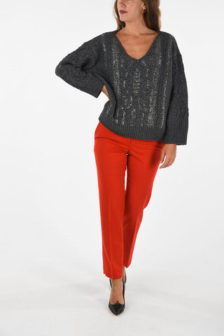 cable knit v-neck sweater with jewel details